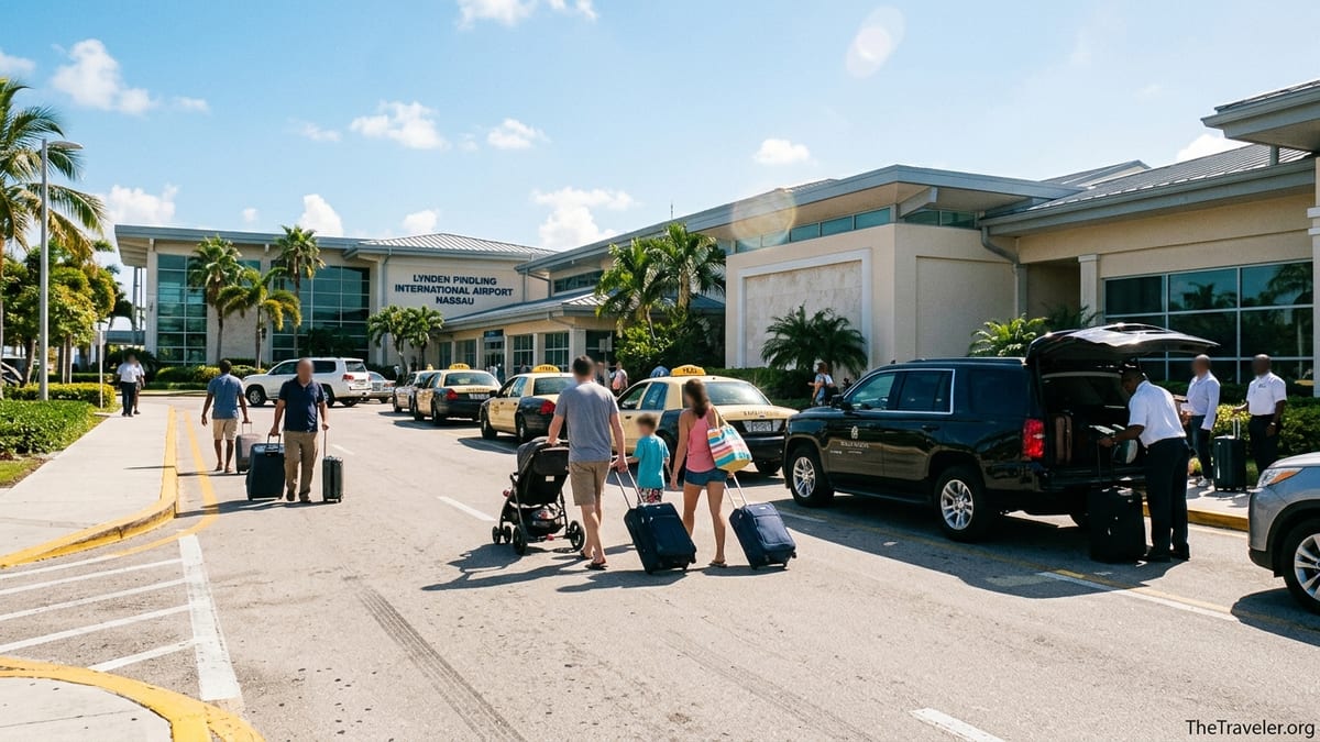 Travelers leaving Nassau airport and boarding taxis and SUVs bound for Baha Mar.