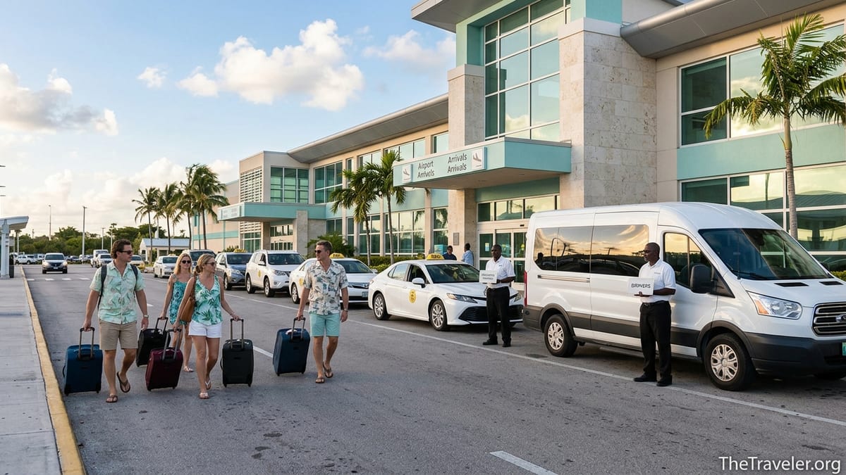 Travelers exiting Lynden Pindling International Airport toward taxis and private vans in Nassau.