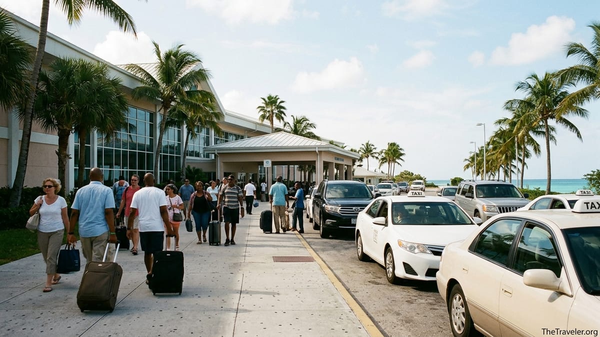 Travelers with suitcases boarding taxis outside Nassau’s Lynden Pindling International Airport.