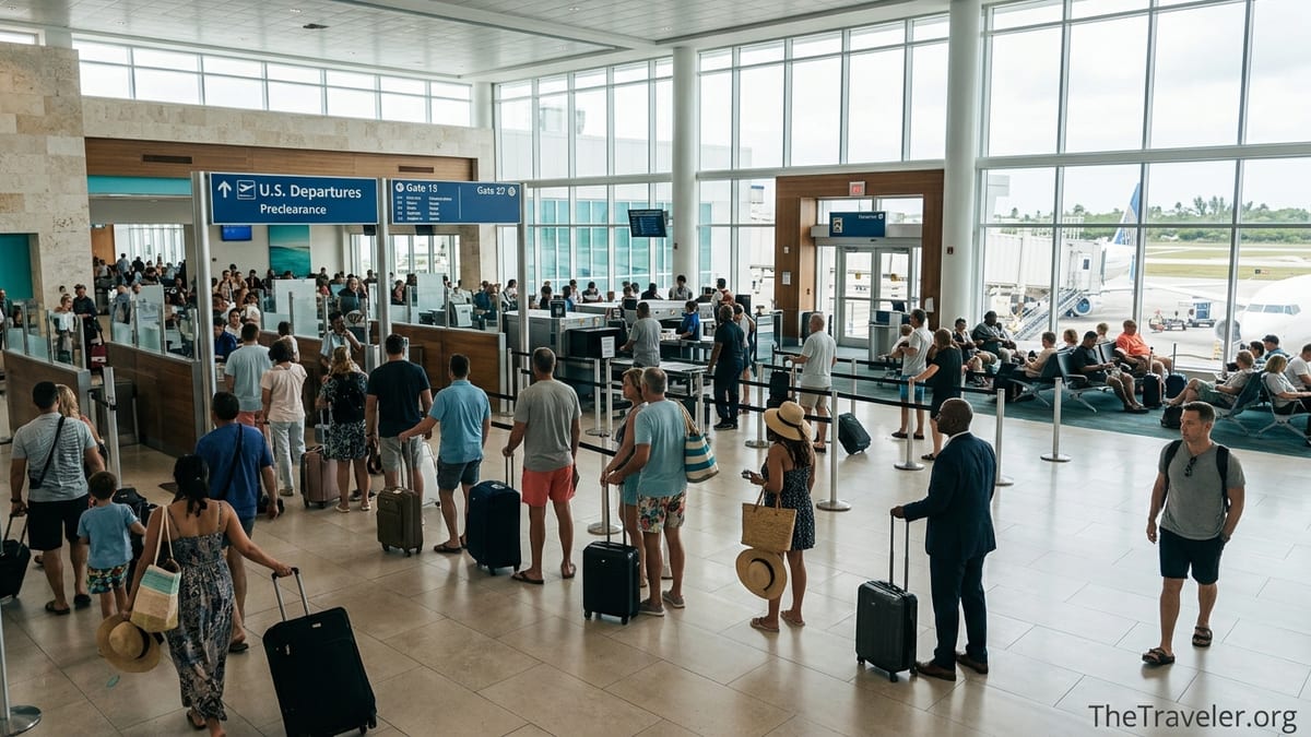 Travelers waiting in line at U.S. preclearance in Nassau’s Lynden Pindling International Airport.