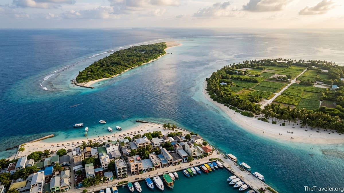 Aerial view comparing three Maldivian islands with beaches, jungle and farmland surrounded by turquoise lagoon.