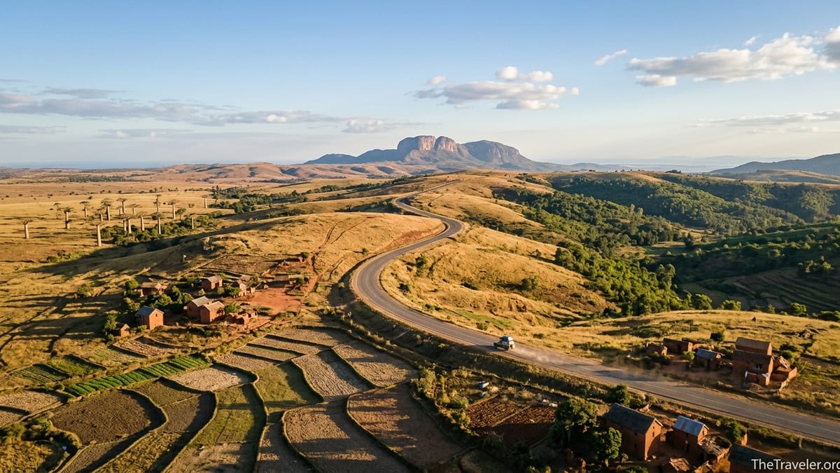 A 4x4 drives along Madagascar’s RN7 through golden hills and distant sandstone massifs in dry season light.