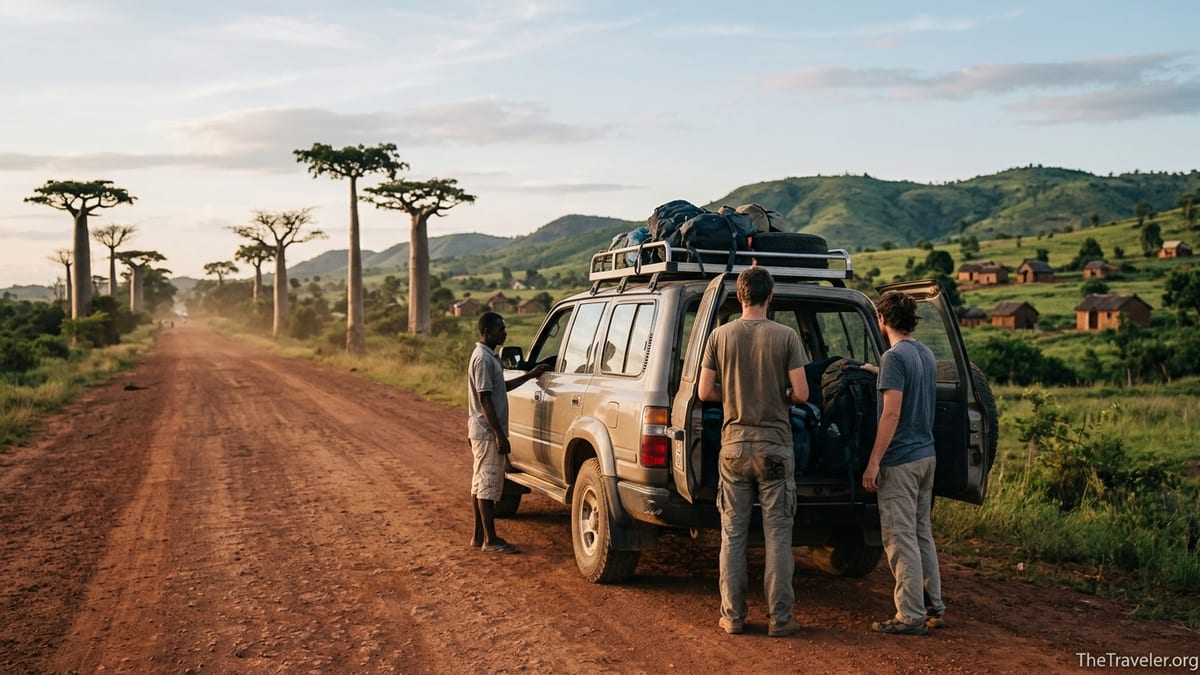 4x4 and travelers on a dusty Madagascar road with baobab trees at sunset.
