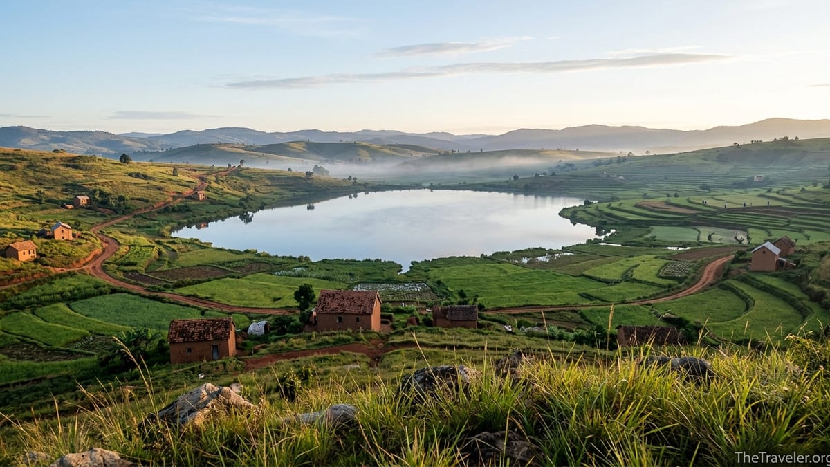Dawn view over a crater lake and terraced fields in Madagascar’s Central Highlands.