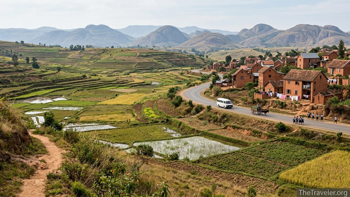 Terraced rice paddies and red-brick villages in Madagascar’s Central Highlands near Antsirabe.