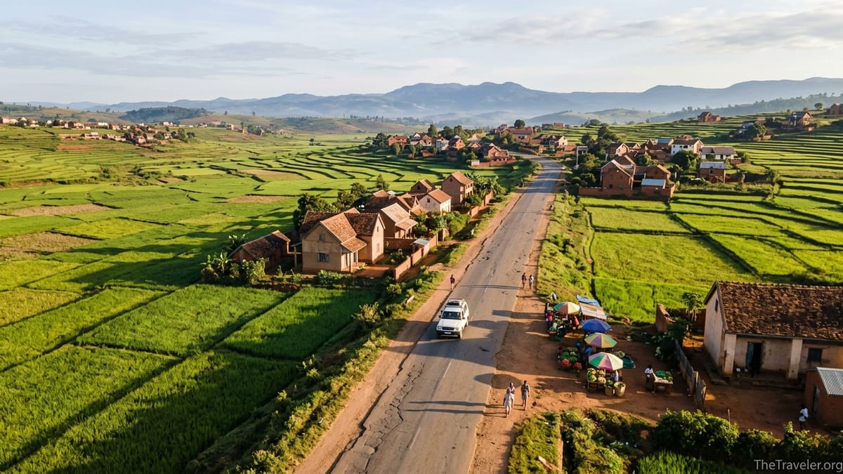 RN7 highway winding through Madagascar highland rice fields with village and 4x4