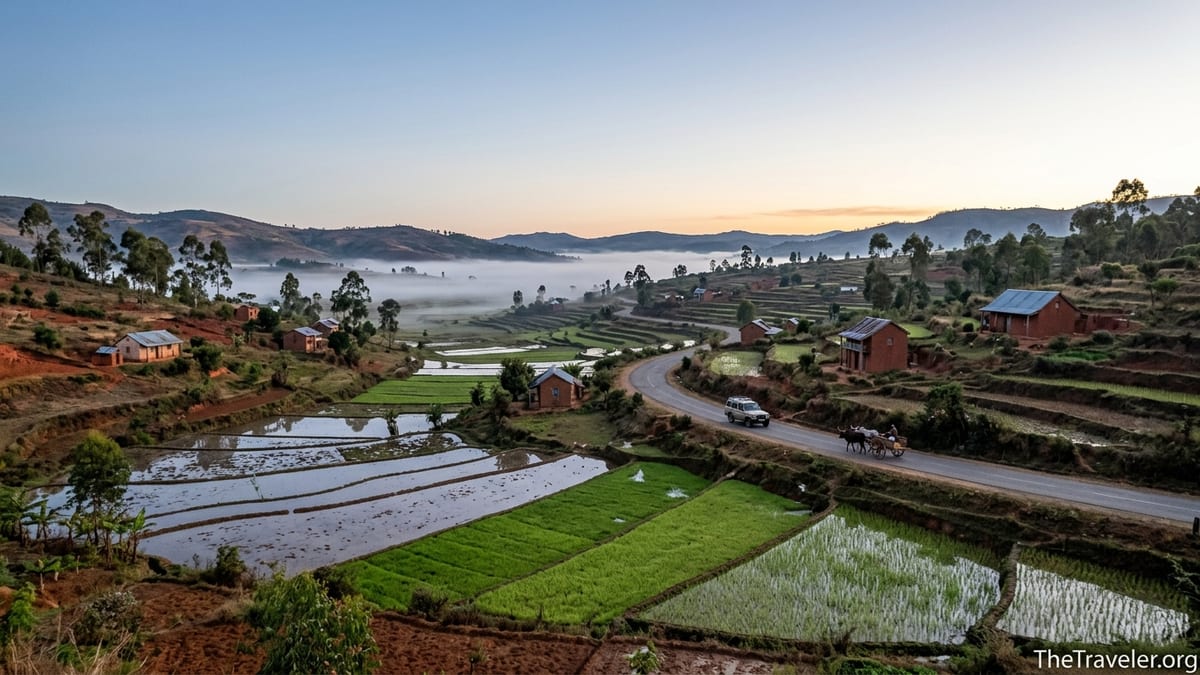 Terraced rice paddies and a winding road in Madagascar’s cool central highlands at dawn.