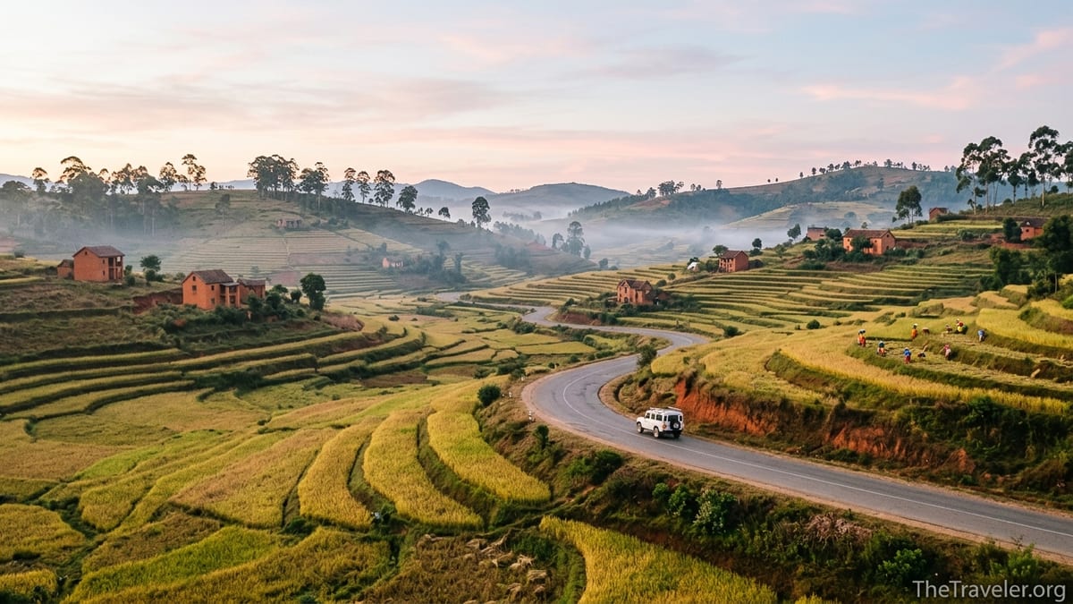 Sunrise over Madagascar highlands with rice terraces and RN7 road near Antsirabe.