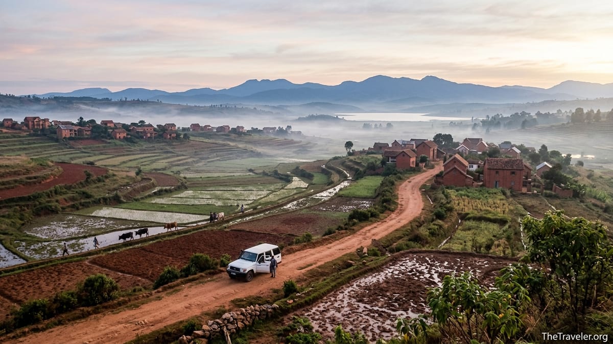 Terraced rice fields and villages in Madagascar’s Central Highlands at sunrise with a 4x4 on a laterite track.
