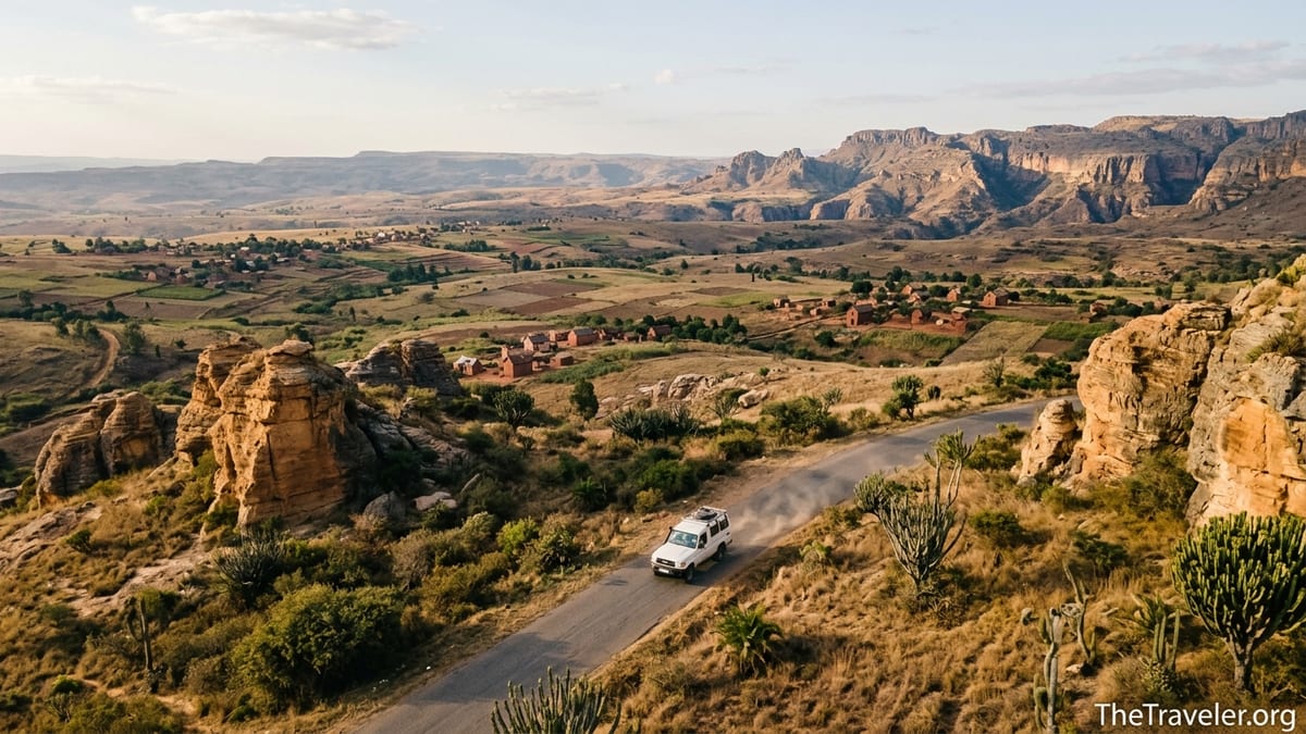 A 4x4 driving along Madagascar’s RN7 near Isalo through dry savanna and sandstone hills at sunset.