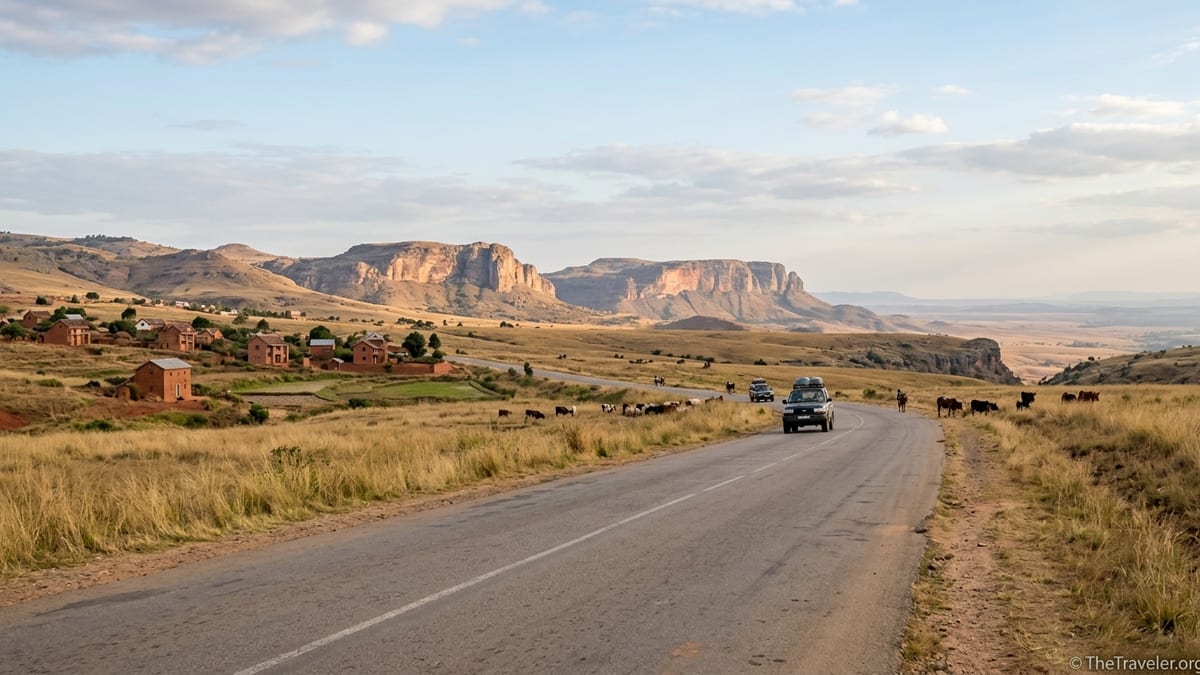 Paved RN7 highway in Madagascar curving toward sandstone hills and open savanna near Isalo on a clear afternoon.