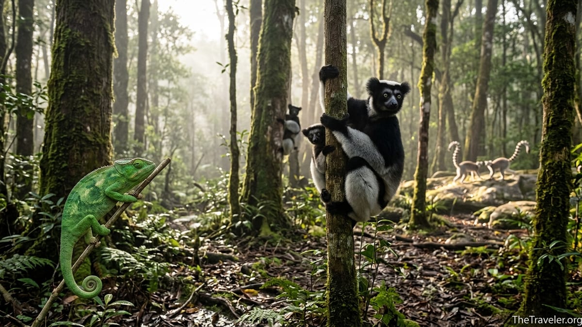 Indri lemurs and a green chameleon in Madagascar rainforest clearing at dawn.