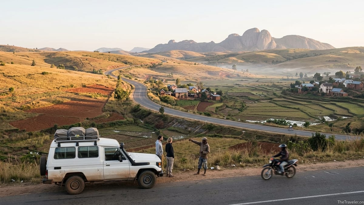 4x4 and guide stopped along Madagascar’s RN7 at sunrise overlooking rolling highland hills.