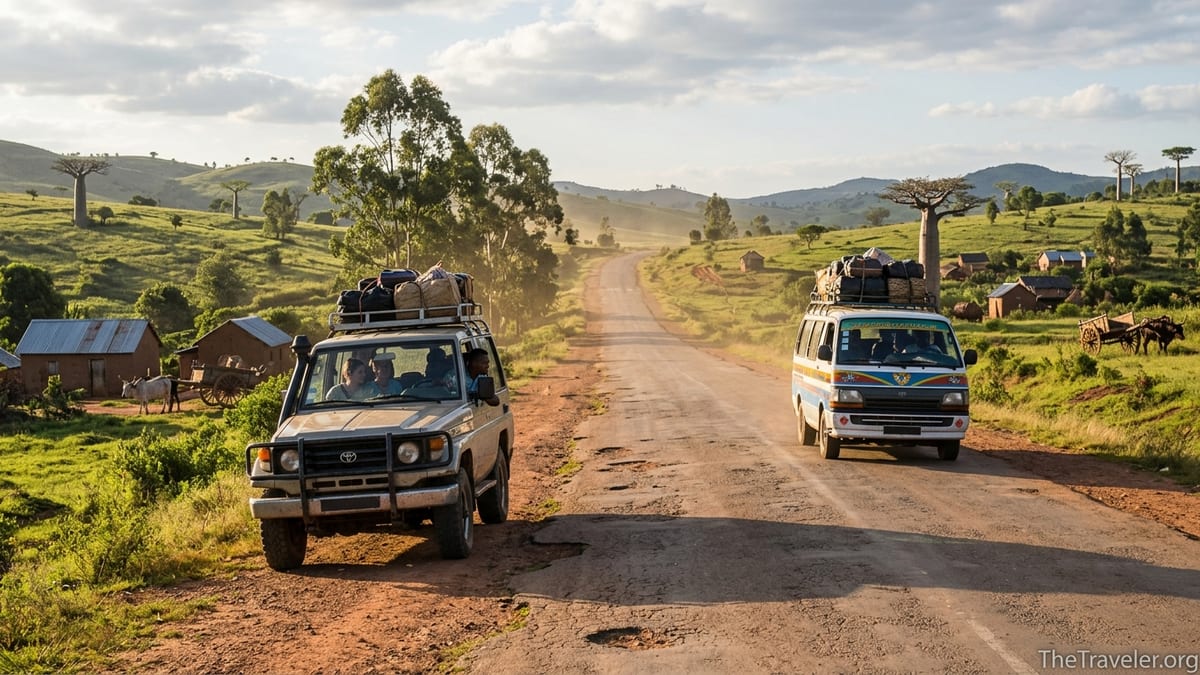 4x4 and taxi brousse passing on a rural Madagascar road at sunset
