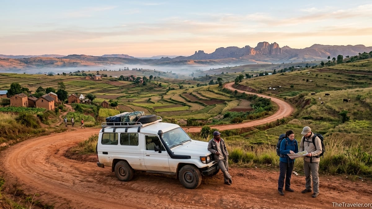 4x4 and travellers stopped on Madagascar’s RN7 at sunrise with highland scenery.