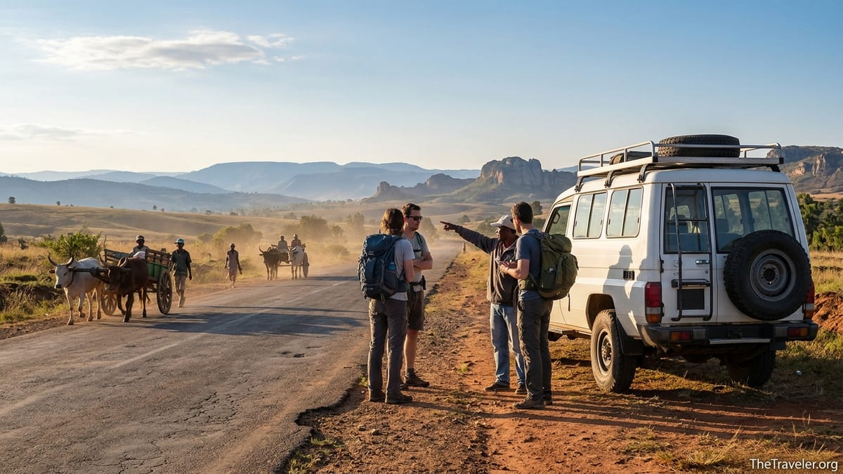Travelers with a local guide and 4x4 on a rural Madagascar road near Isalo at sunrise.