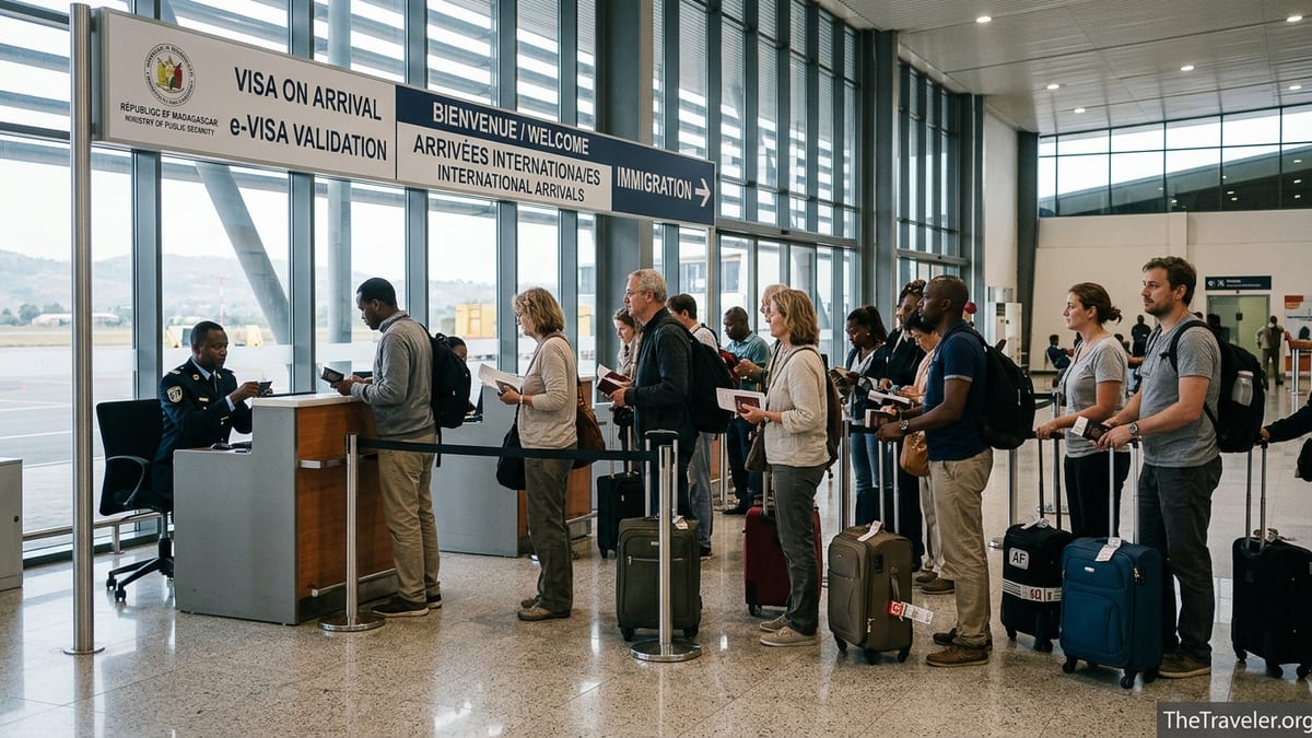 Travelers queue at Madagascar’s Ivato International Airport visa counter with passports and luggage.