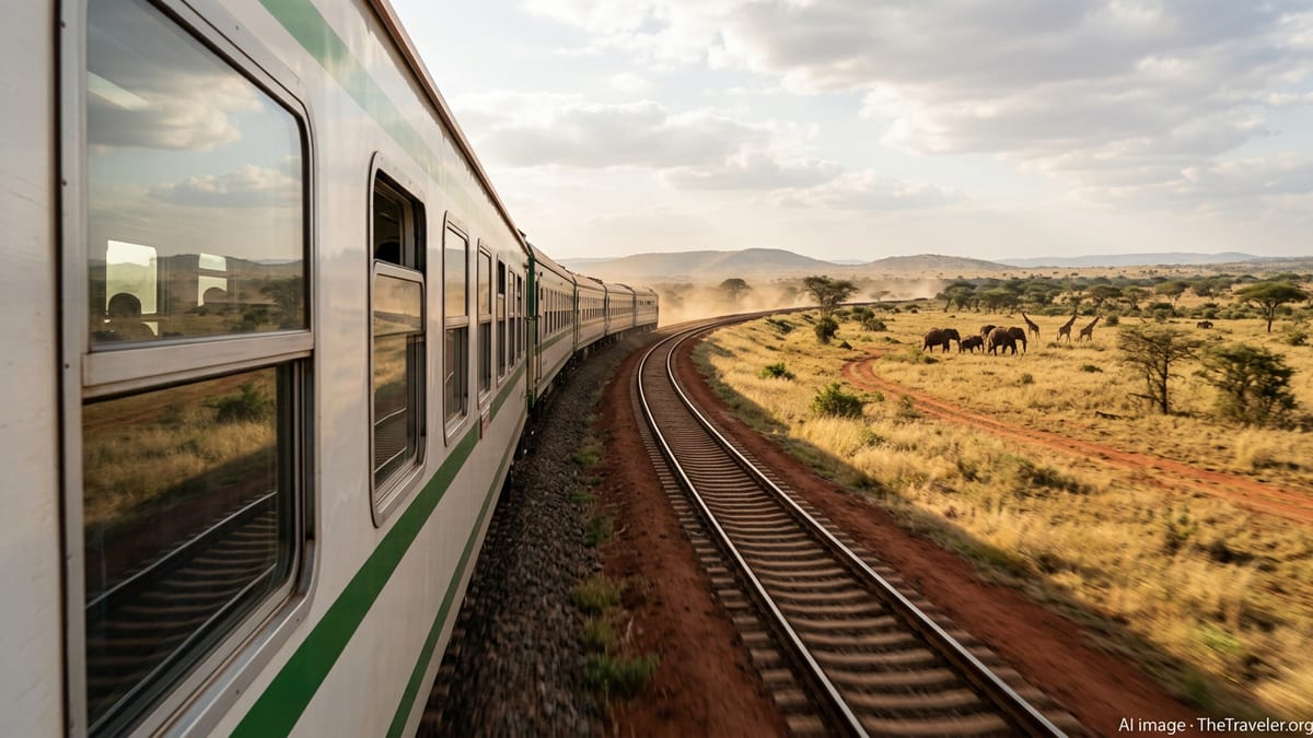 Madaraka Express train curving through Kenyan savannah past acacia trees and distant wildlife at golden hour.