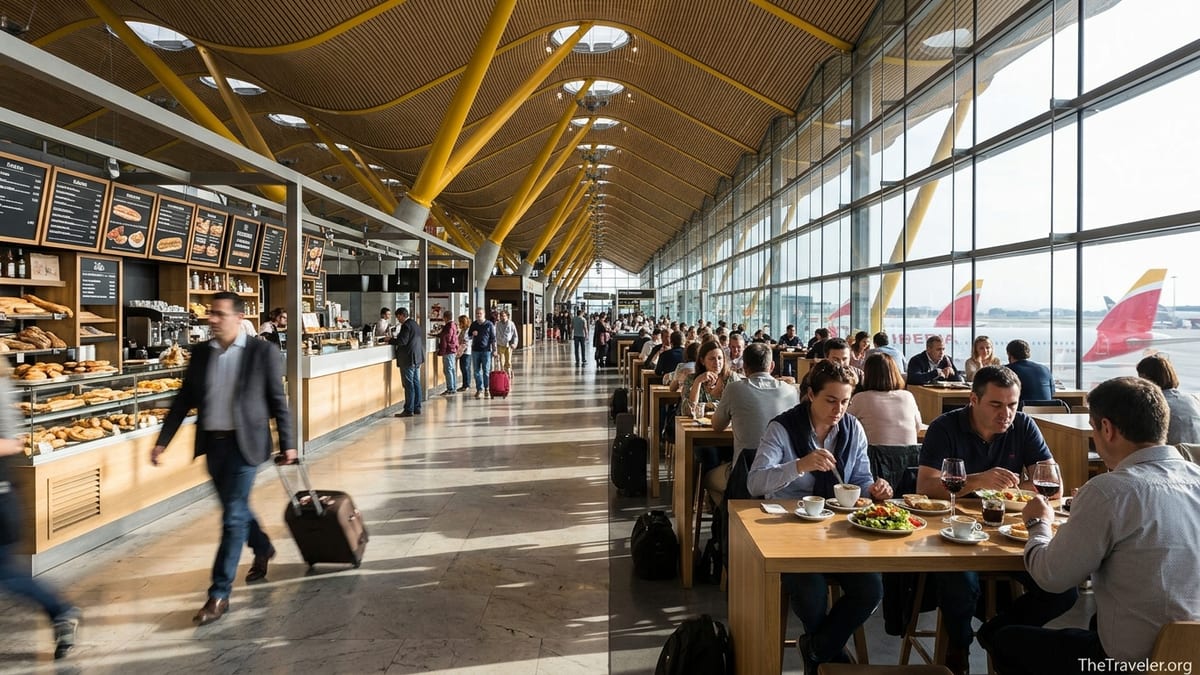 Travelers dining in a bright restaurant area inside Madrid Barajas Airport Terminal 4.