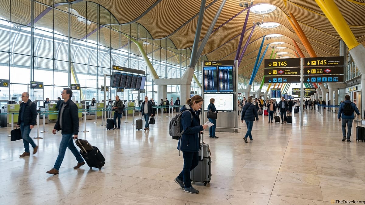 Travelers walking through Madrid Barajas Terminal 4 under the wavy bamboo roof.