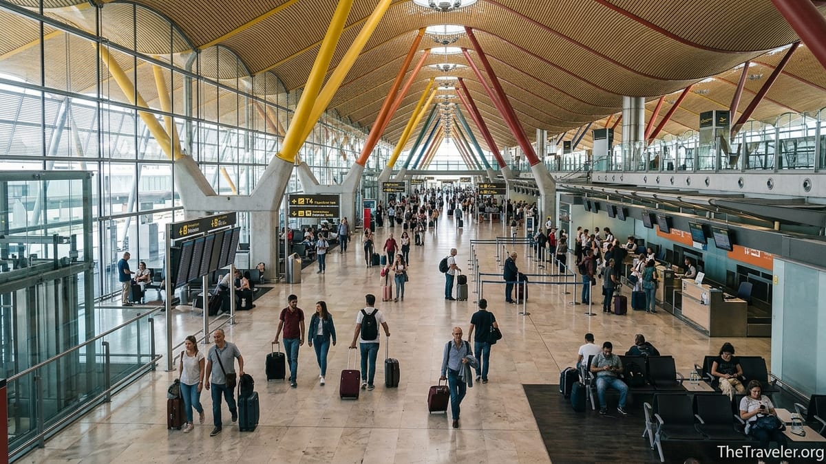 Busy departures hall in Madrid Barajas Terminal 4 with travelers under bamboo roof.