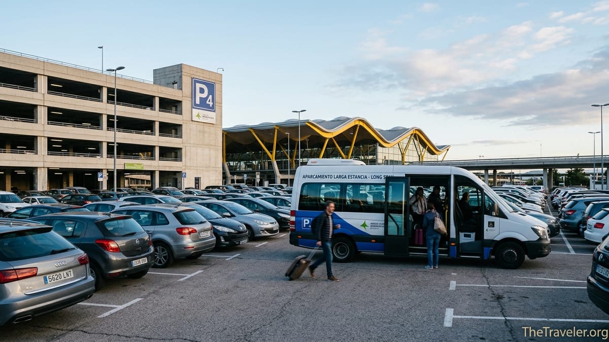 Cars parked near Madrid Barajas Terminal 4 with shuttle bus and terminal in background.
