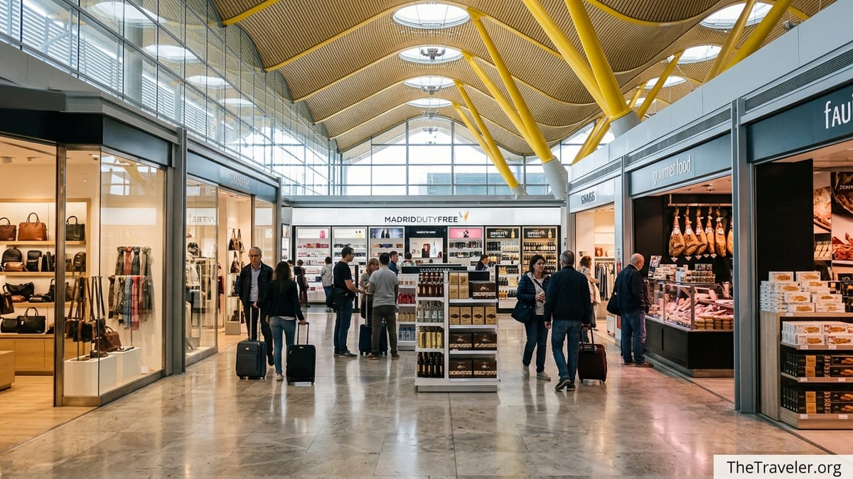 Travelers shopping at duty-free and boutiques in Madrid Barajas Terminal 4 concourse.