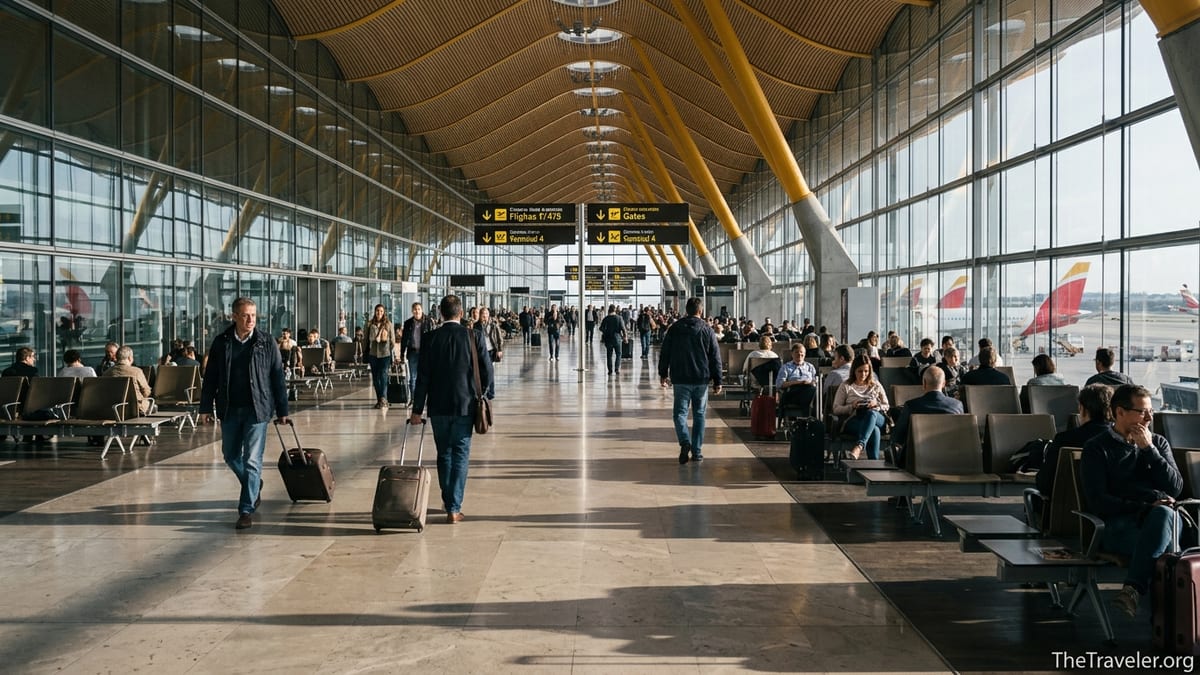 Travelers walking through Madrid Barajas Terminal 4 with natural light and wide glass windows.