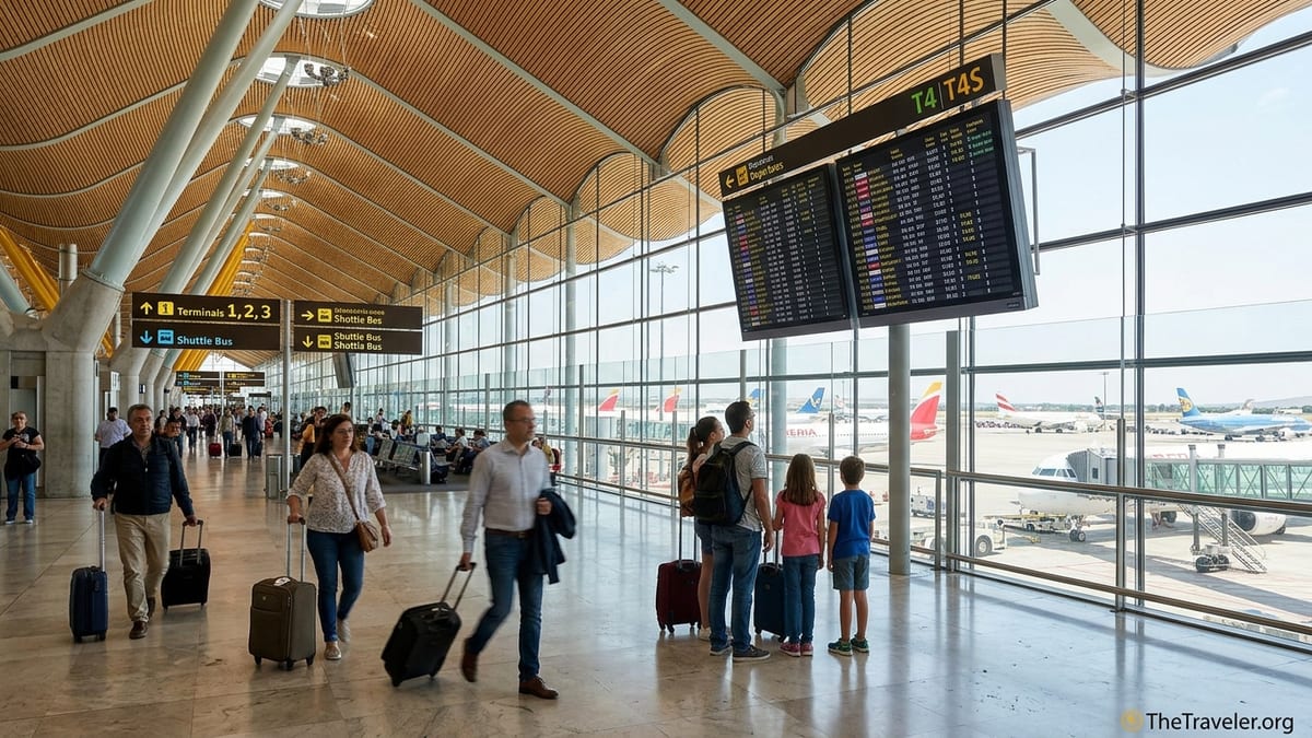 Interior of Madrid Barajas Terminal 4 with travelers, signage and planes visible through large glass walls.