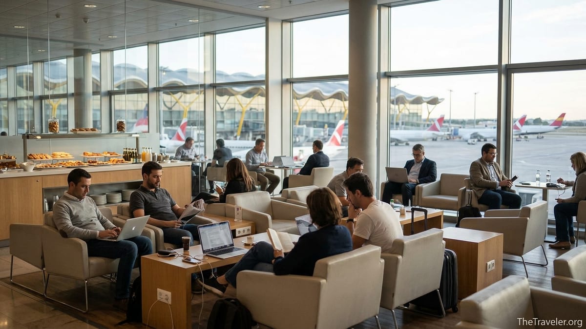 Travelers relaxing in a bright VIP lounge at Madrid Barajas Airport with runway views.