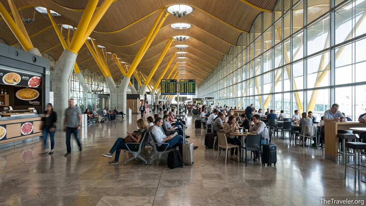 Travelers relaxing under the wooden ceiling of Madrid Barajas Terminal 4 during a layover.