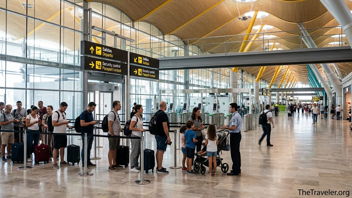 Passengers queuing at security and passport control in Madrid Barajas Airport Terminal 4.