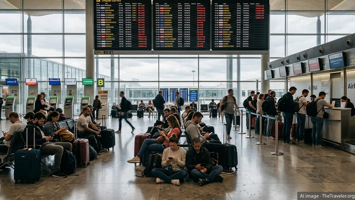 Stranded travelers waiting with luggage in a crowded Spanish airport departure hall.