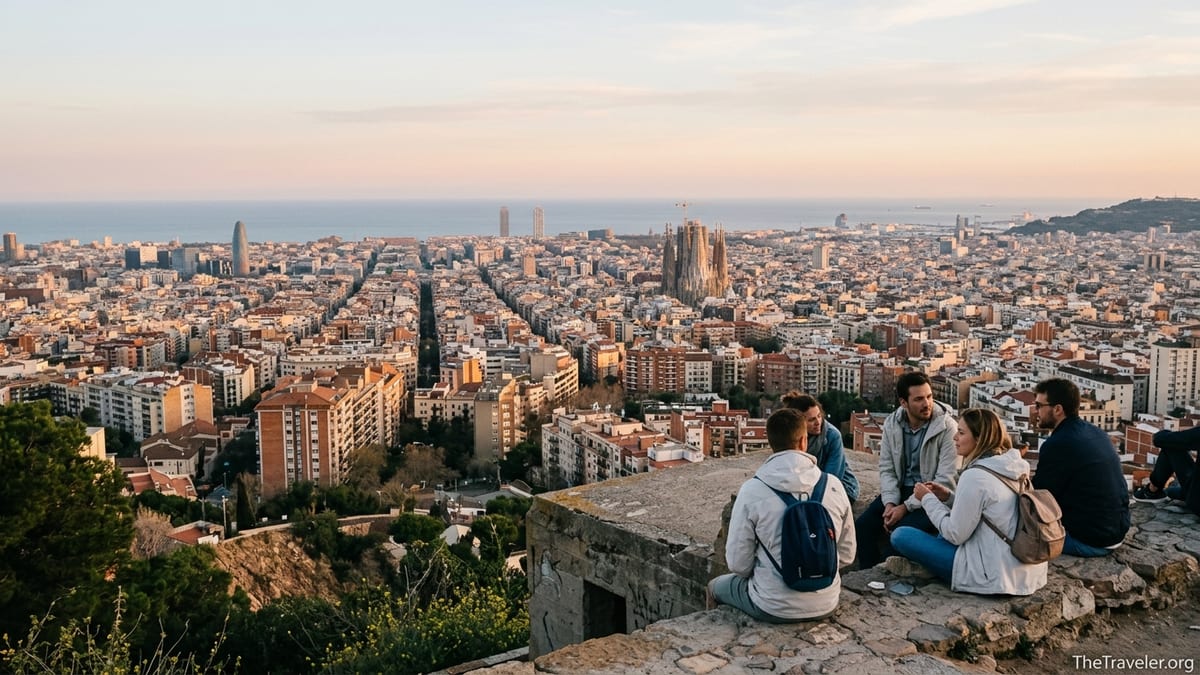 Aerial view of Barcelona’s Eixample and Sagrada Família at golden hour from a hilltop viewpoint.