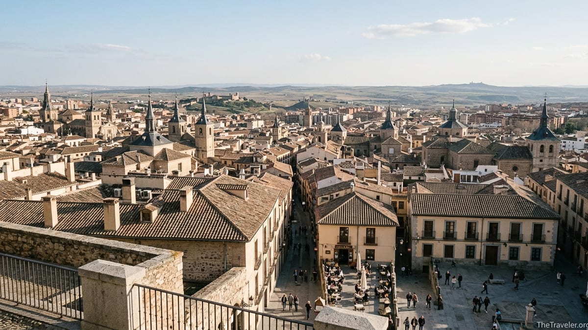 View over Madrid’s historic rooftops looking toward the plains of central Spain on a clear afternoon.
