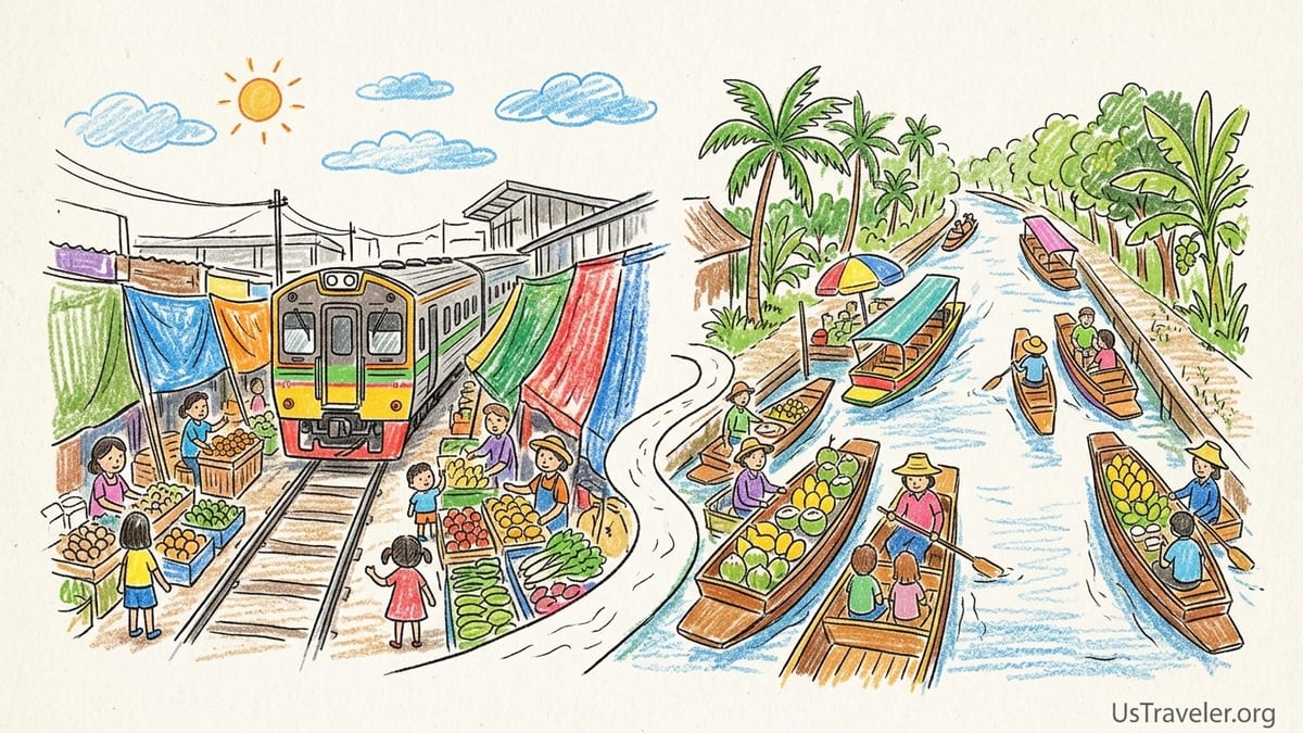 Train entering Maeklong Railway Market as vendors fold awnings, Bangkok day trip atmosphere
