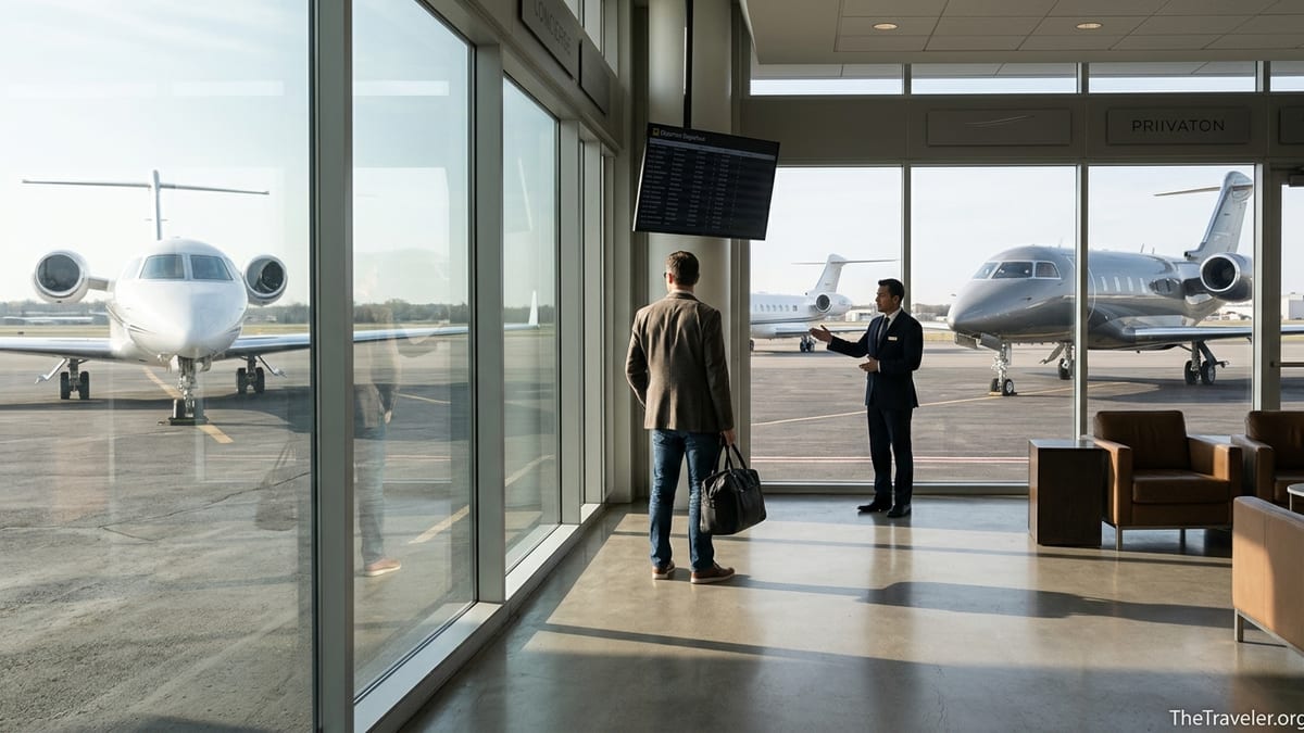 Traveler in a private jet terminal comparing multiple aircraft options on the ramp at sunrise.