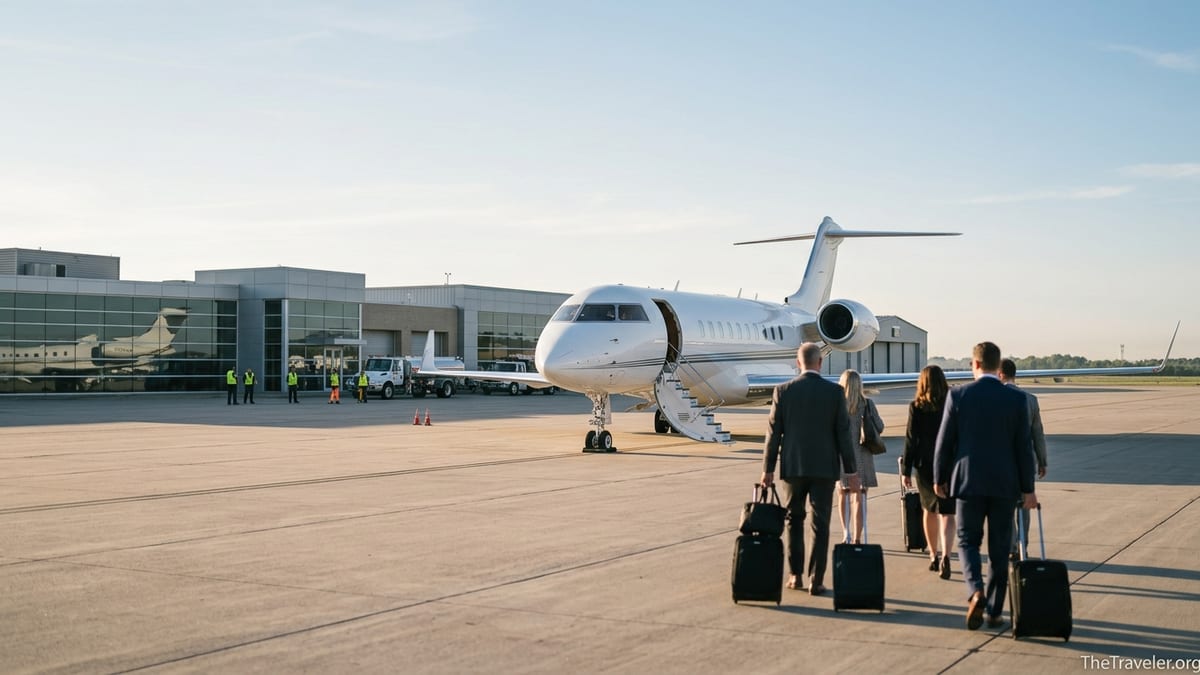 Travelers walking toward a private jet at sunrise on a quiet airport tarmac.