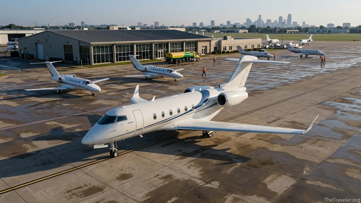 Private jets of different sizes on a sunlit airport apron near a business aviation terminal.