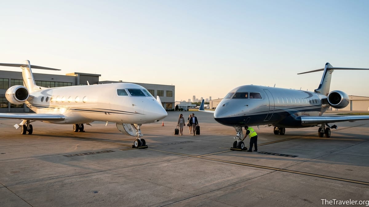 Two private jets side by side at sunrise on a quiet executive airport ramp.