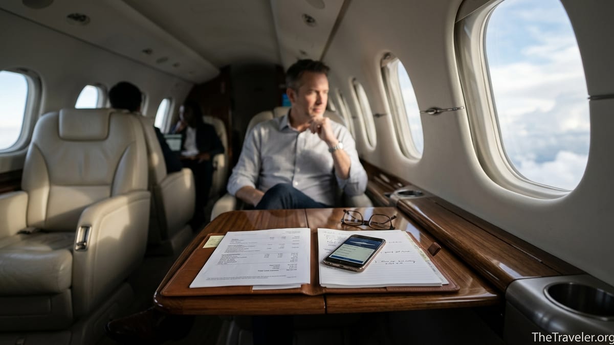 Traveler reviewing private jet pricing documents on a table inside a modern business jet cabin.