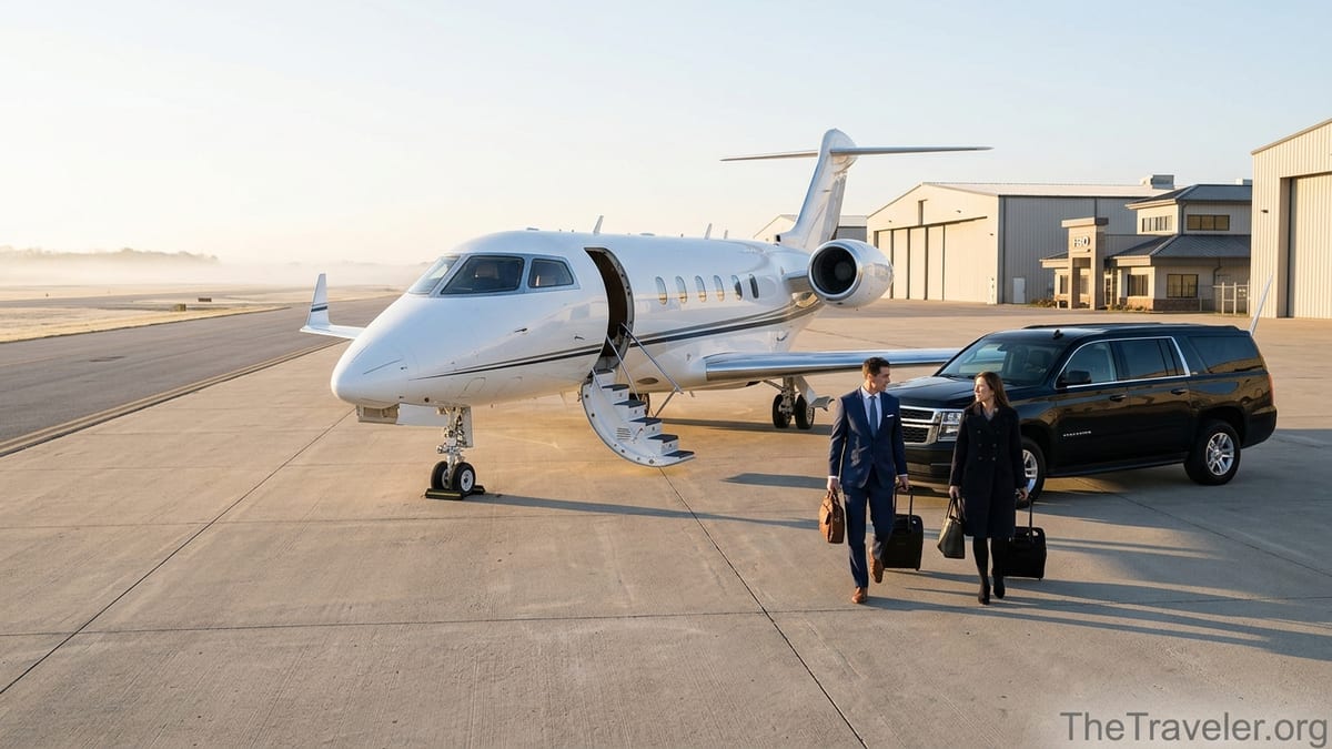 Business travelers boarding a private jet beside a black SUV at sunrise on a quiet executive airport tarmac.