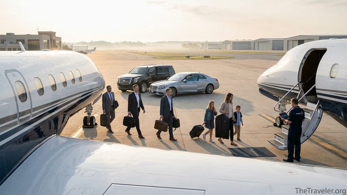 Travelers walking toward a private jet at sunrise on an executive airport tarmac.