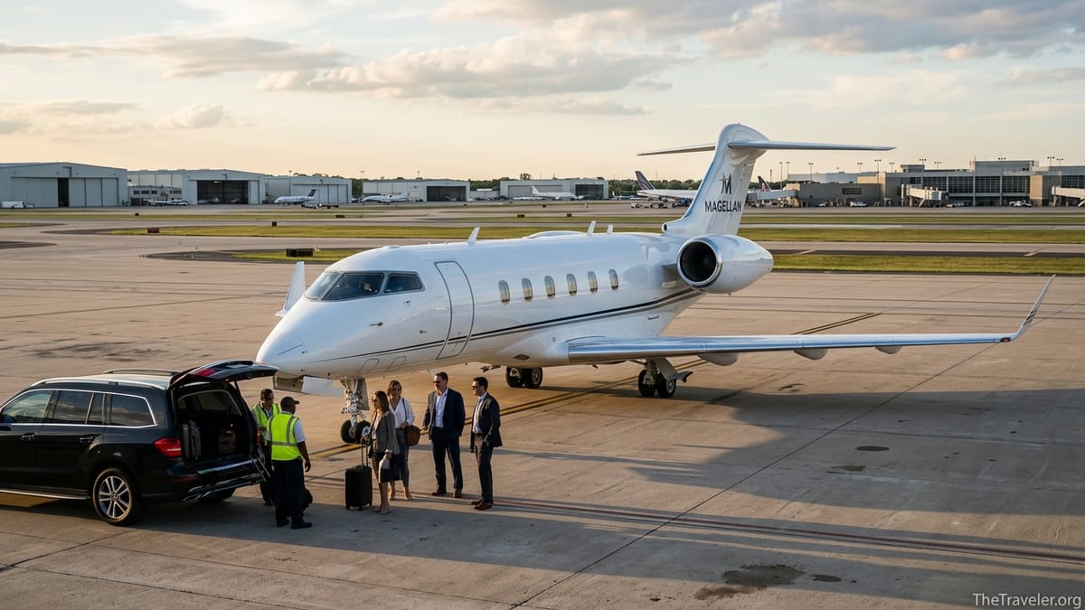 Travelers boarding a private jet beside a black SUV at sunset on an airport tarmac.