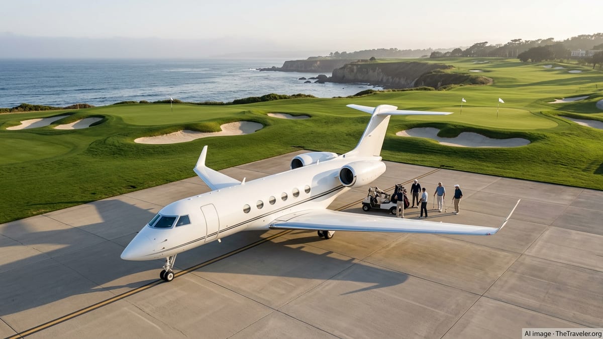 Private jet on a quiet tarmac at sunset beside a coastal golf course.