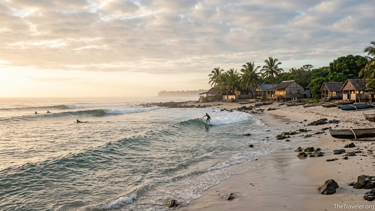 Early morning surfers riding reef waves off Mahambo beach on Madagascar’s lush east coast.