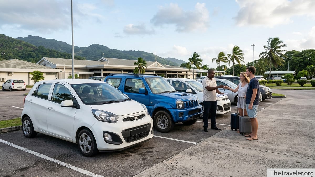 Rental cars parked outside Seychelles International Airport with travelers collecting keys on Mahé.
