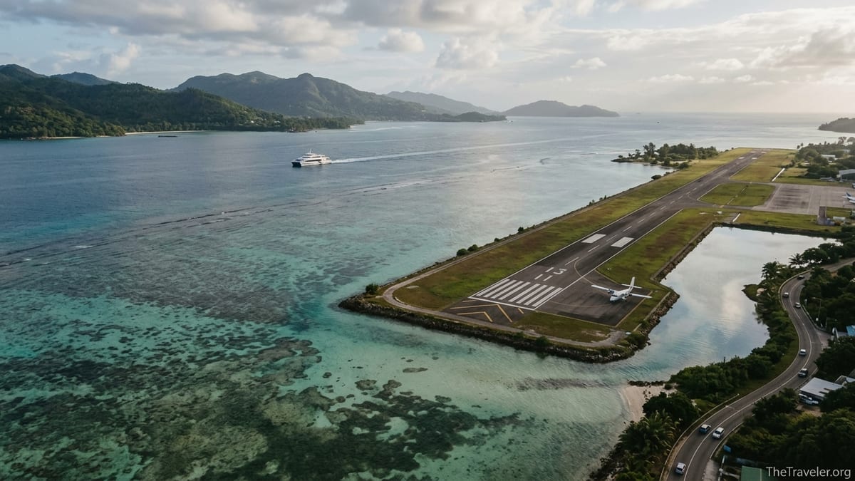 A small plane and distant ferry linking Mahé and lush green Praslin in Seychelles.