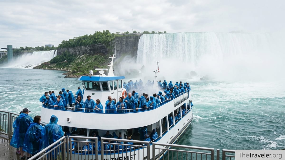 Maid of the Mist boat packed with visitors sailing into the mist at Niagara Falls.