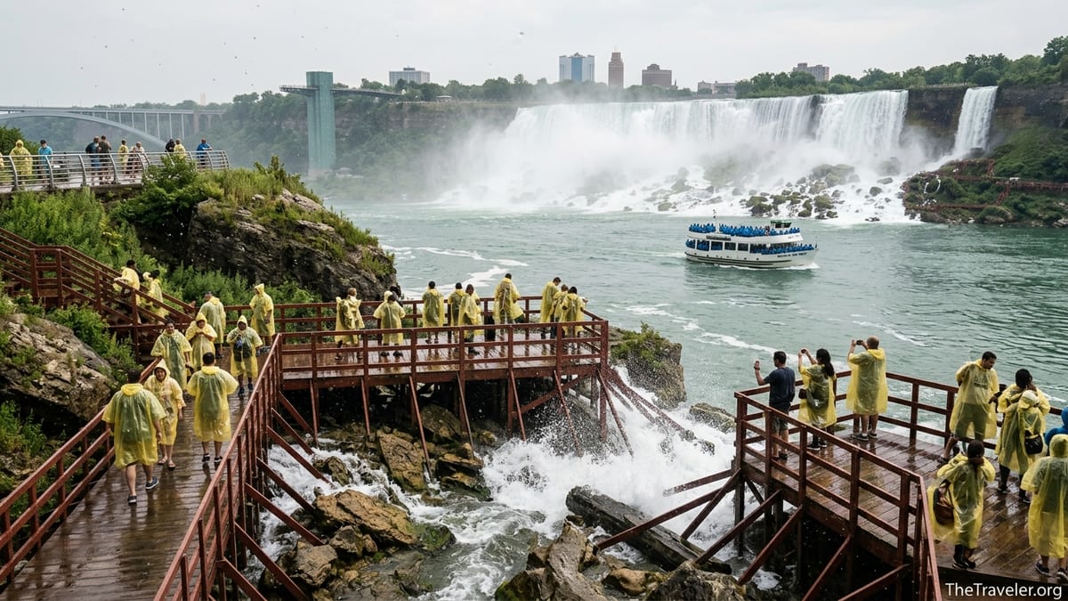 View of Maid of the Mist boat and Cave of the Winds decks under Niagara Falls on a busy summer day.